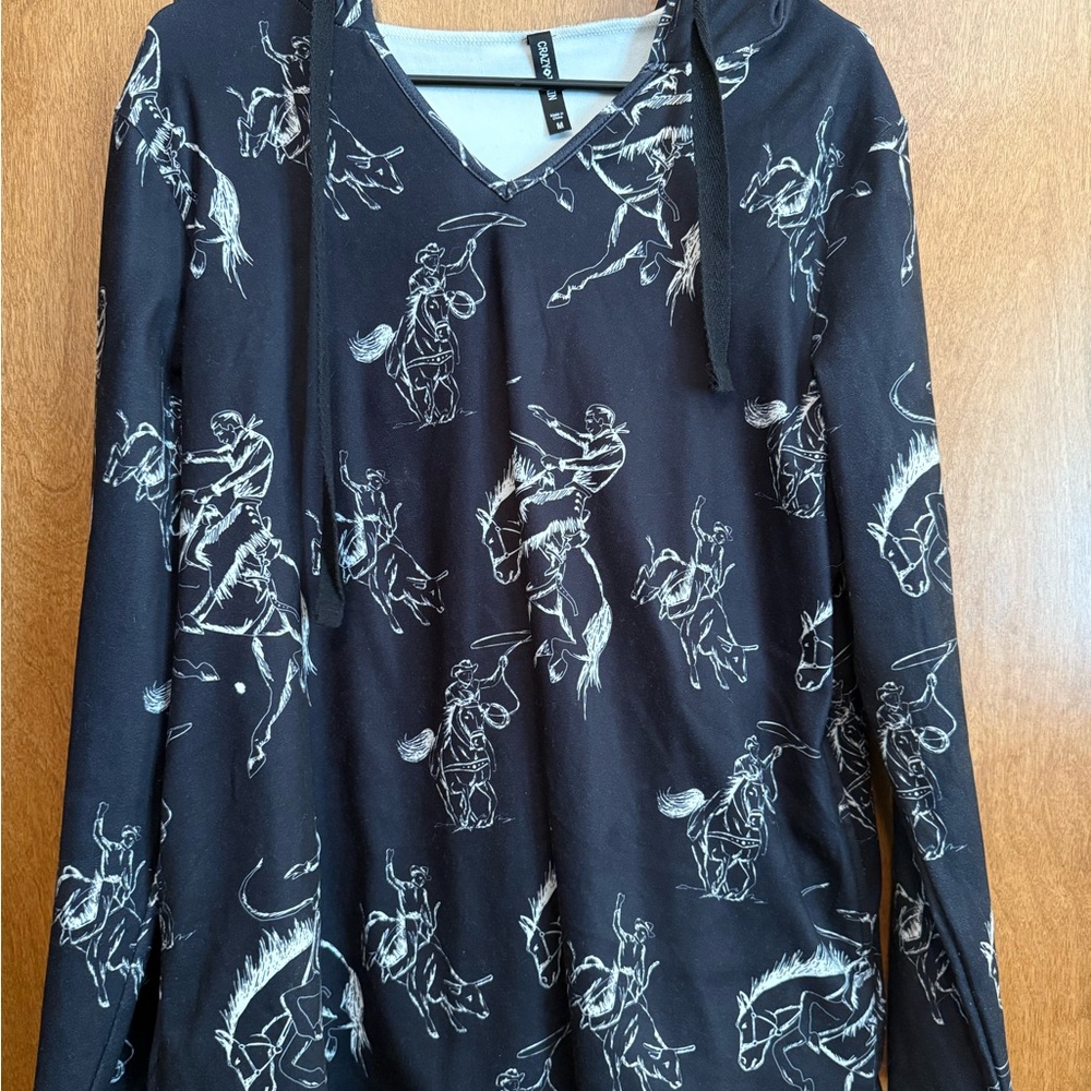 Crazy Train Black V-Neck Hoodie with White Rodeo Print